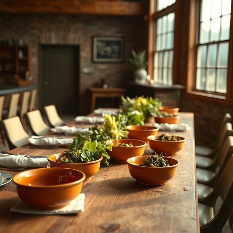 A long wooden catering table laid with terracotta serving dishes and seasonal Alberta ingredients
