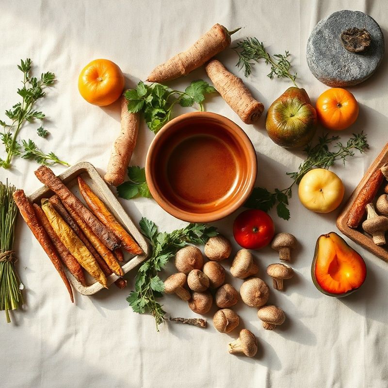 A flat-lay of seasonal ingredients including roasted root vegetables, herbs and stone fruit