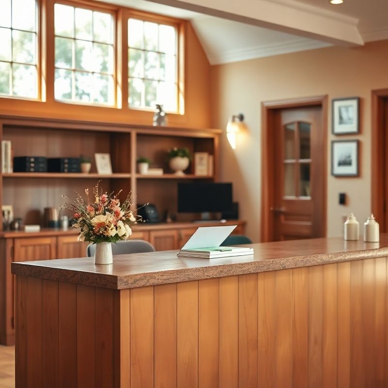 A welcoming reception desk with a small seasonal flower arrangement and warm daylight