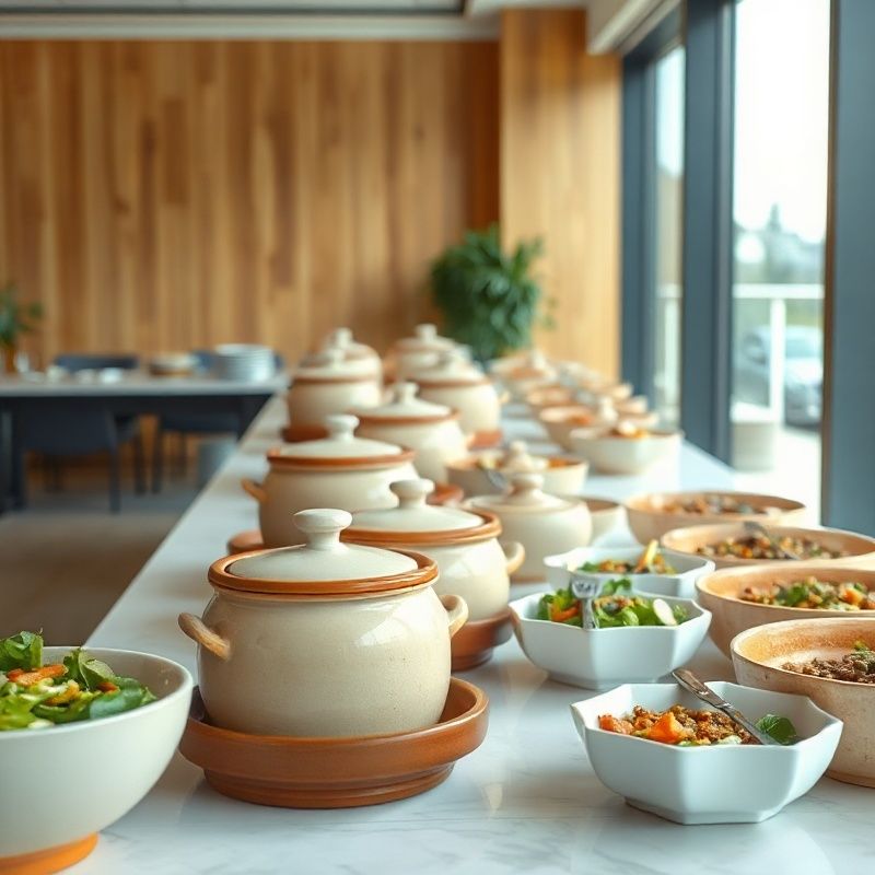 A professional corporate catering buffet setup in a bright modern boardroom