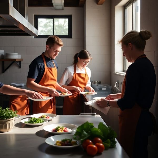 A small professional kitchen team plating dishes with fresh seasonal produce on the counter