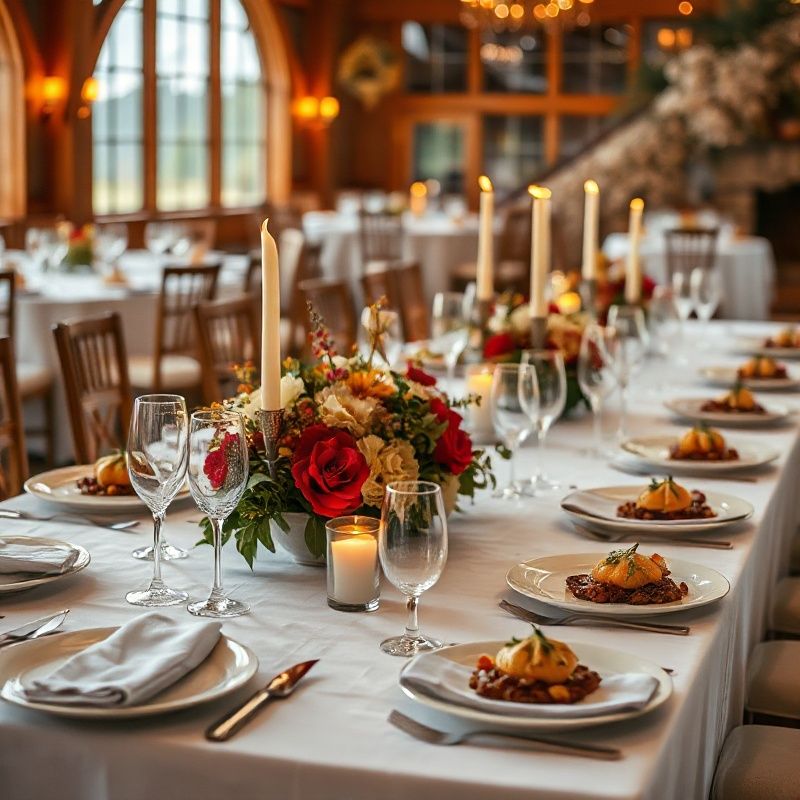 An elegant wedding reception table with terracotta and cream floral centrepieces