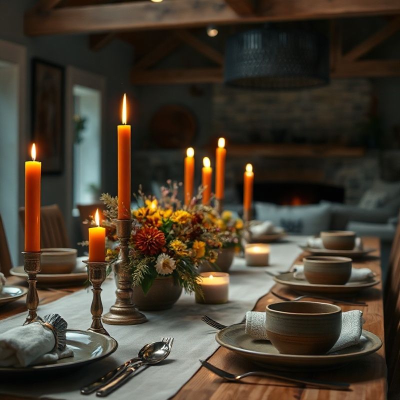 An intimate private dinner table set for twelve with terracotta candles and wildflowers